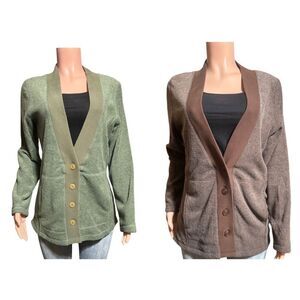 Bundle two Pulp long sleeve fleece brown and green v neck button up sweater M